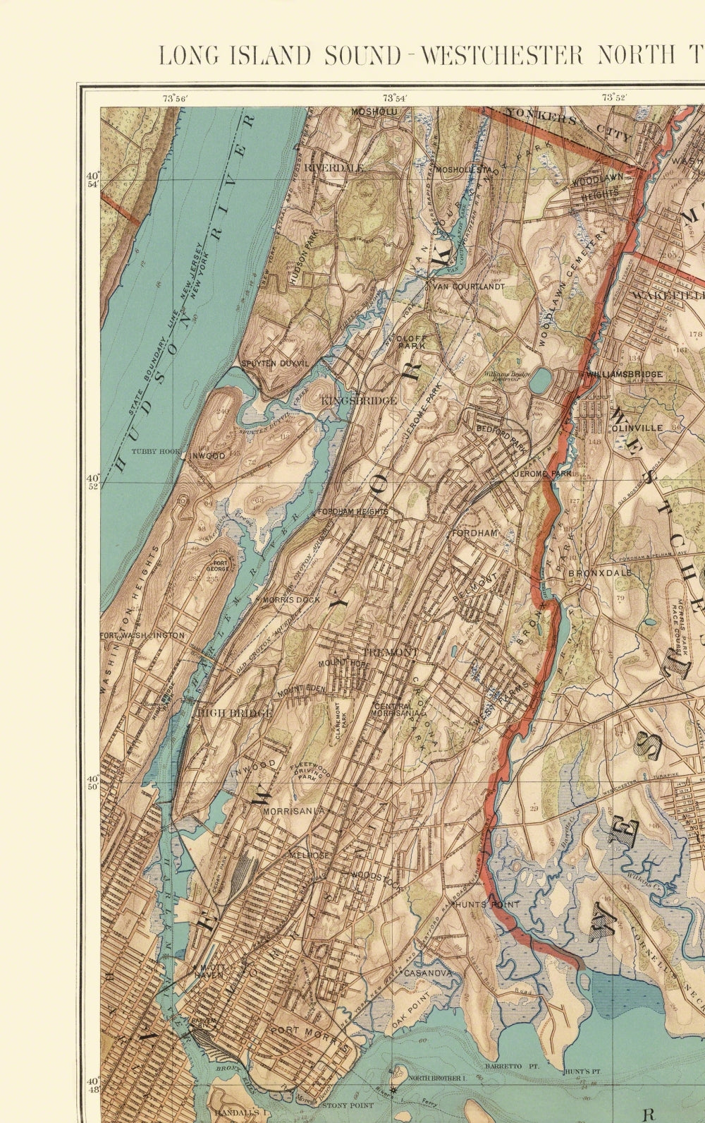 Topographical Map - Long Island Sound Queens Mt Vernon New York - Bien 1890 - 23 x 36.59 - Vintage Wall Art