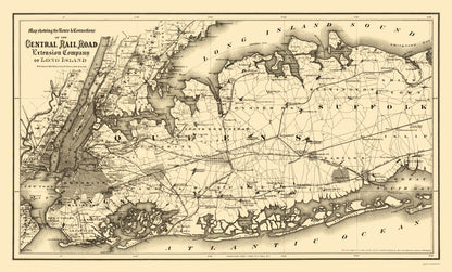 Railroad Map - Central Railroad Extension Long Island - Colton 1873 - 23 x 38 - Vintage Wall Art