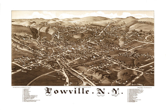 Historic Panoramic View - Lowville New York - Burleigh 1885 - 34.57 x 23 - Vintage Wall Art
