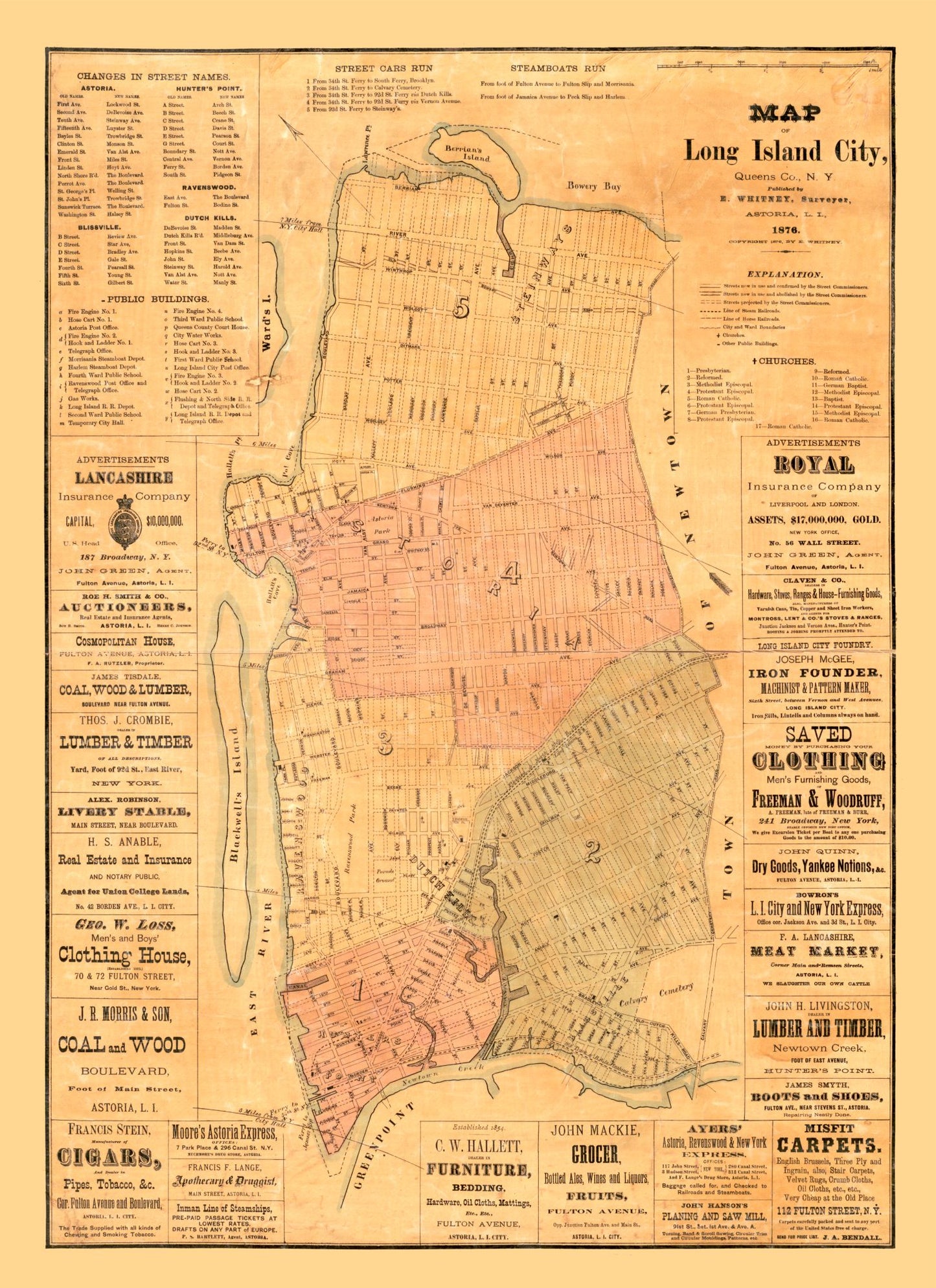 Historic City Map - Long Island New York - Whitney 1876 - 23 x 31.63 - Vintage Wall Art