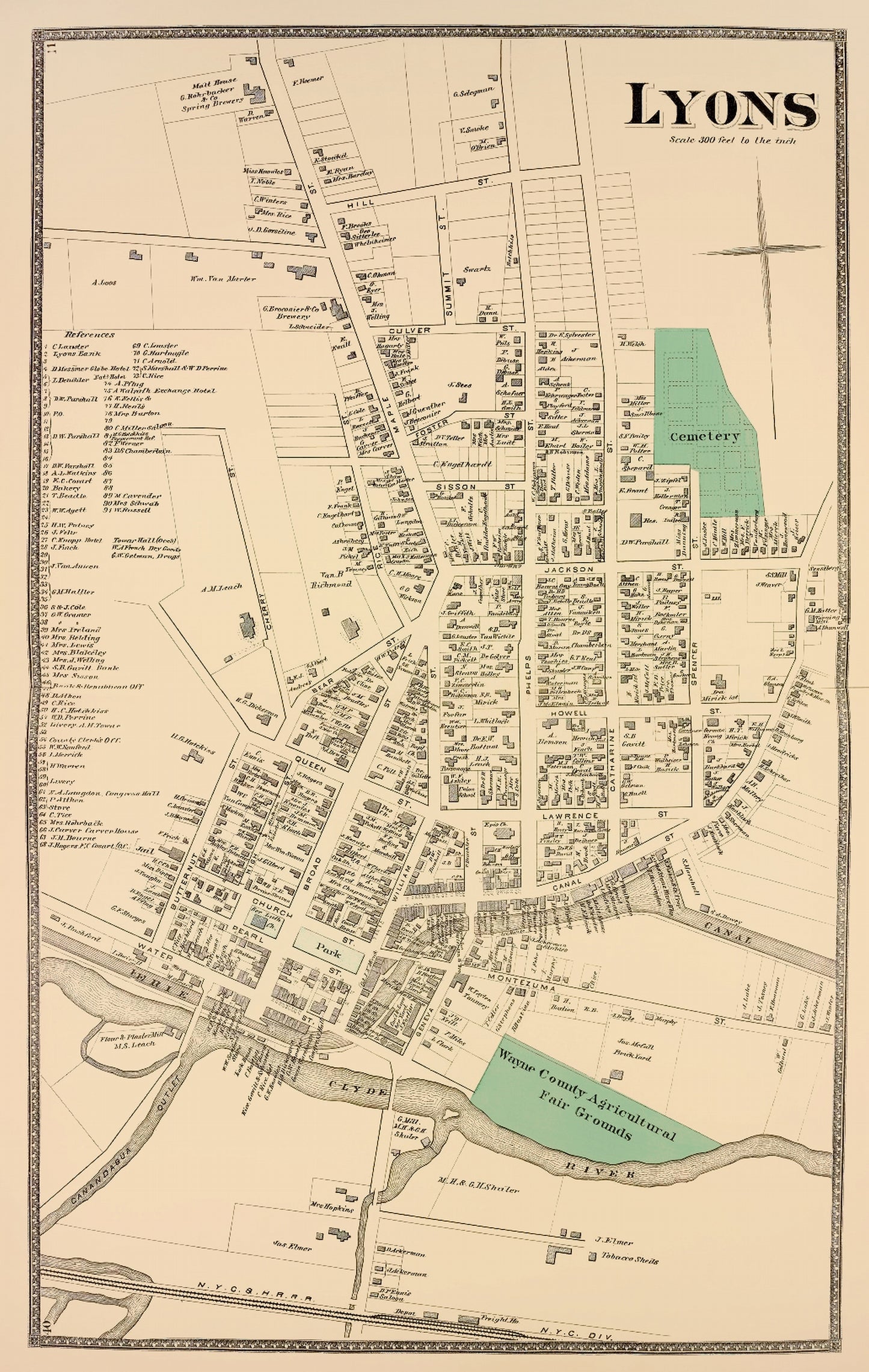 Historic City Map - Lyons New York - Beers 1874 - 23 x 36.33 - Vintage Wall Art