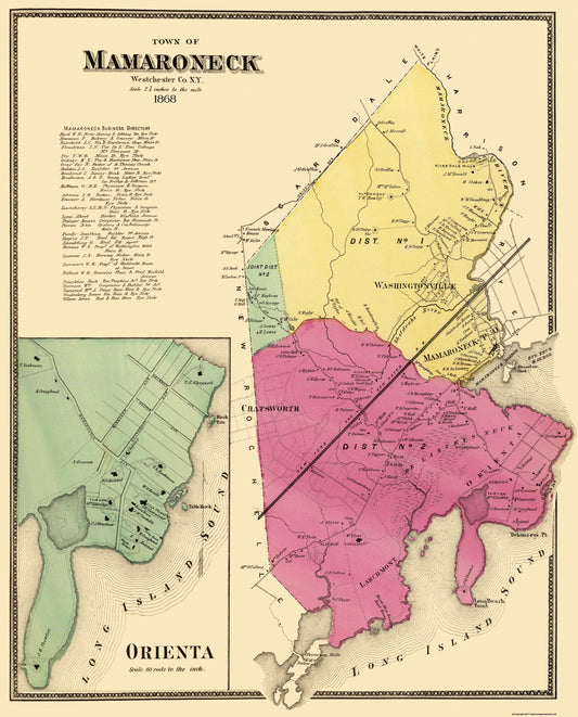 Historic City Map - Mamaroneck Orienta New York - Beers 1868 - 23 x 28.56 - Vintage Wall Art