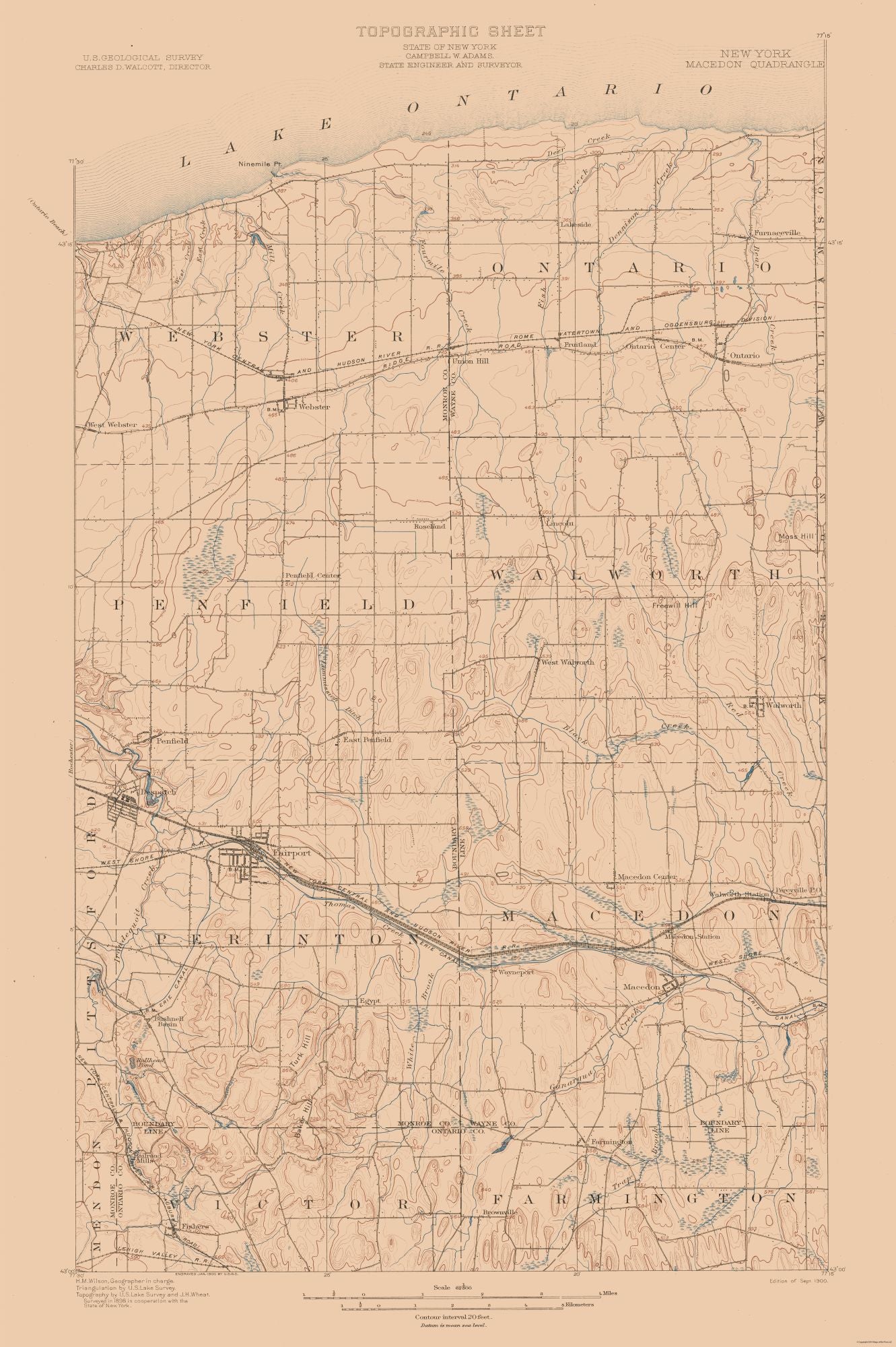 Topographical Map - Macedon New York Quad - USGS 1900 - 23 x 34.56 - Vintage Wall Art