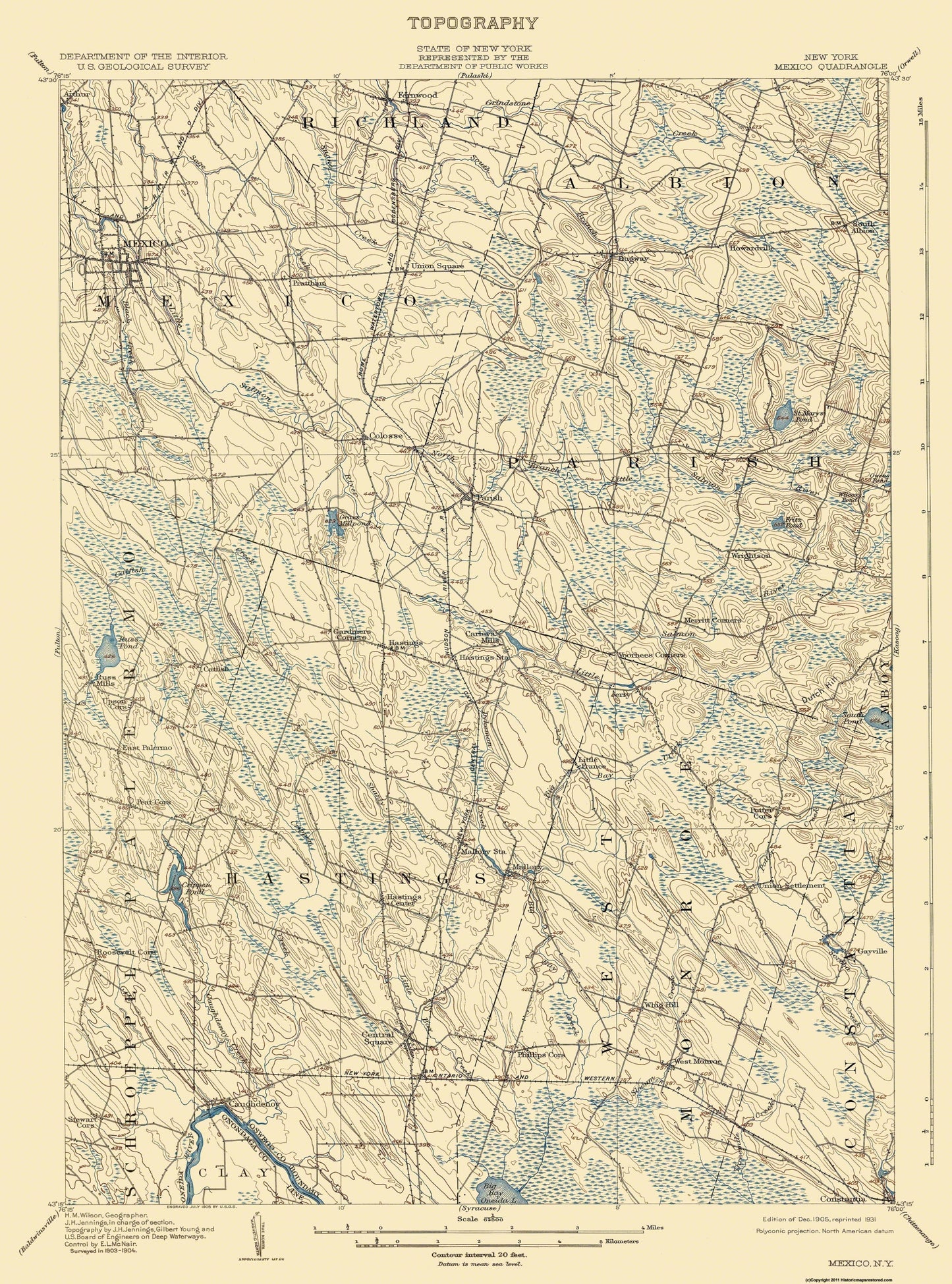 Topographical Map - Mexico New York Quad - USGS 1905 - 23 x 31.01.94 - Vintage Wall Art