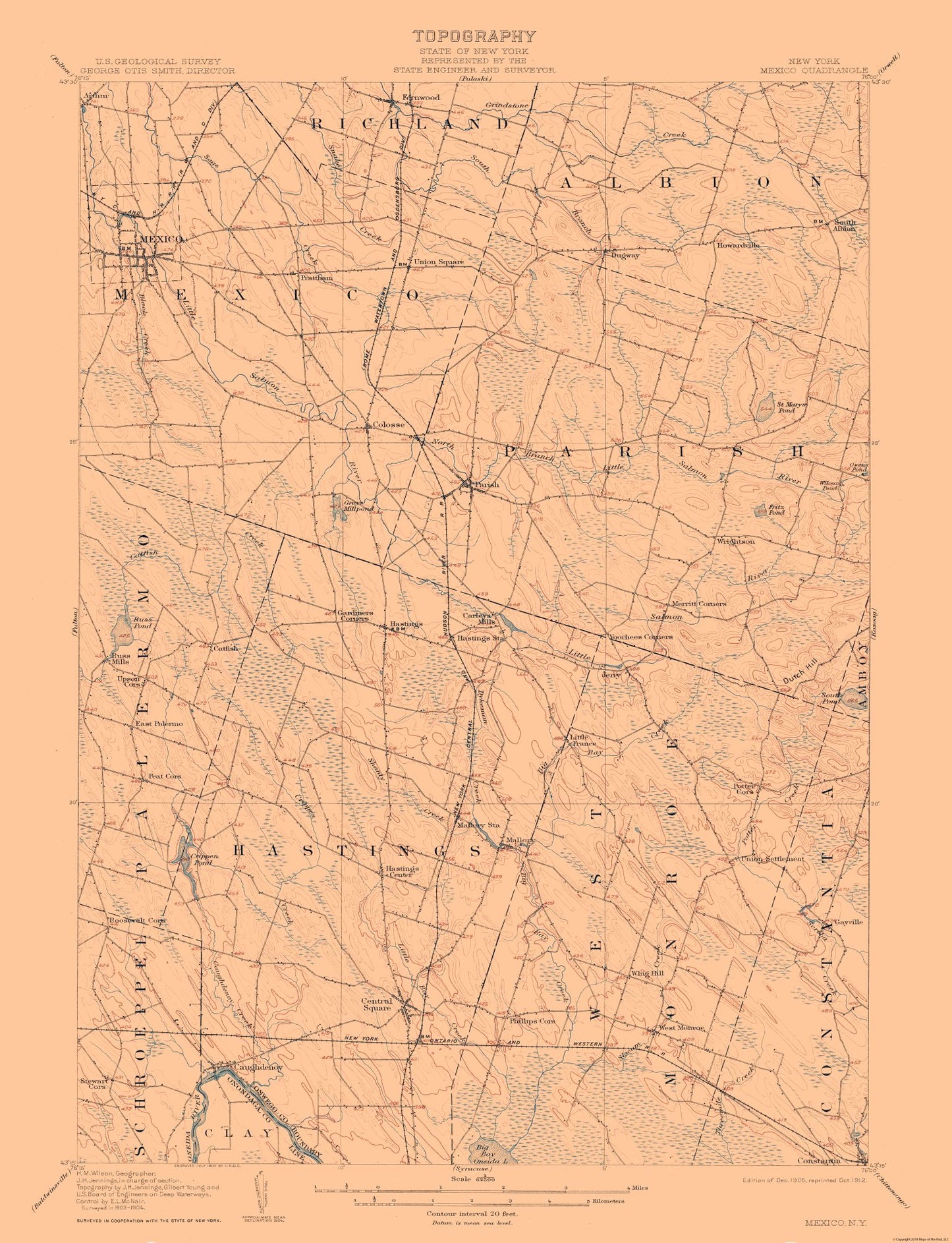 Topographical Map - Mexico New York Quad - USGS 1905 - 23 x 30.03 - Vintage Wall Art