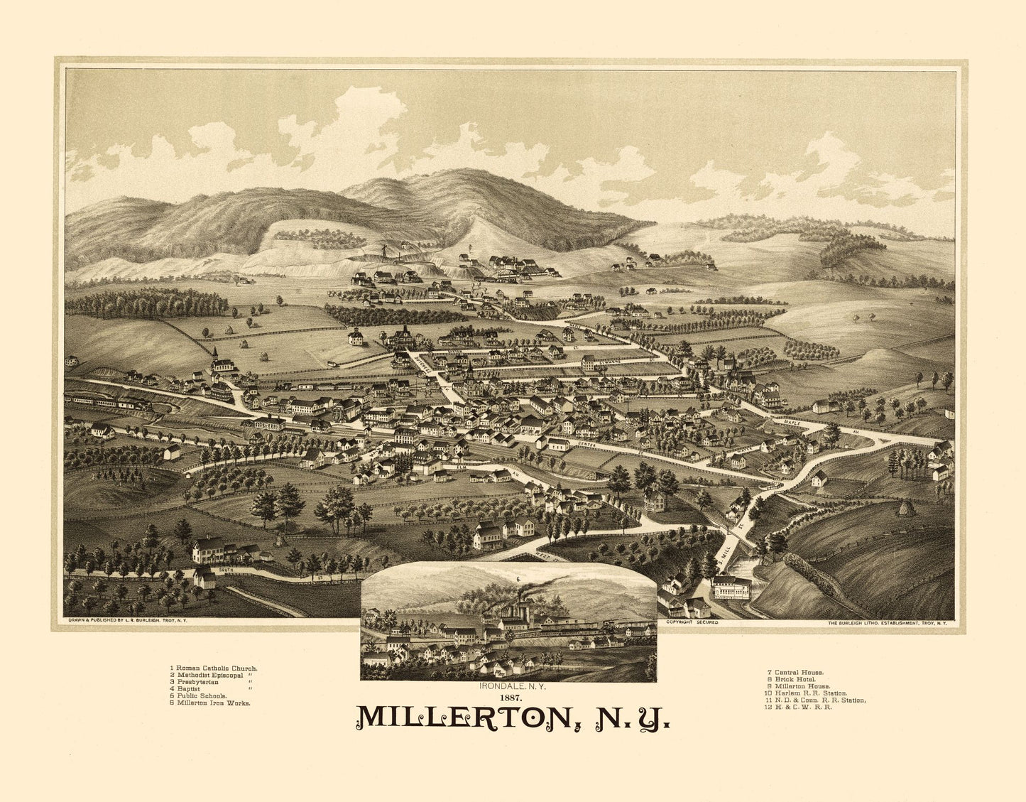 Historic Panoramic View - Millerton New York - Burleigh 1887 - 29.44 x 23 - Vintage Wall Art
