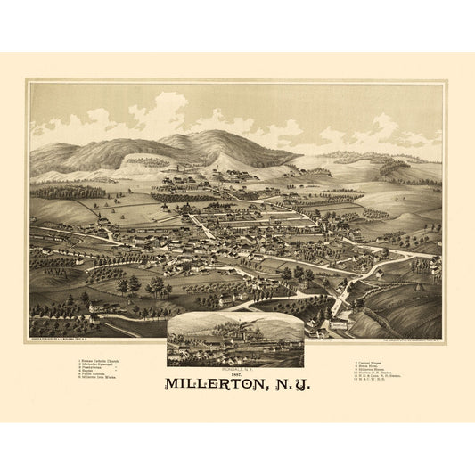 Historic Panoramic View - Millerton New York - Burleigh 1887 - 29.44 x 23 - Vintage Wall Art