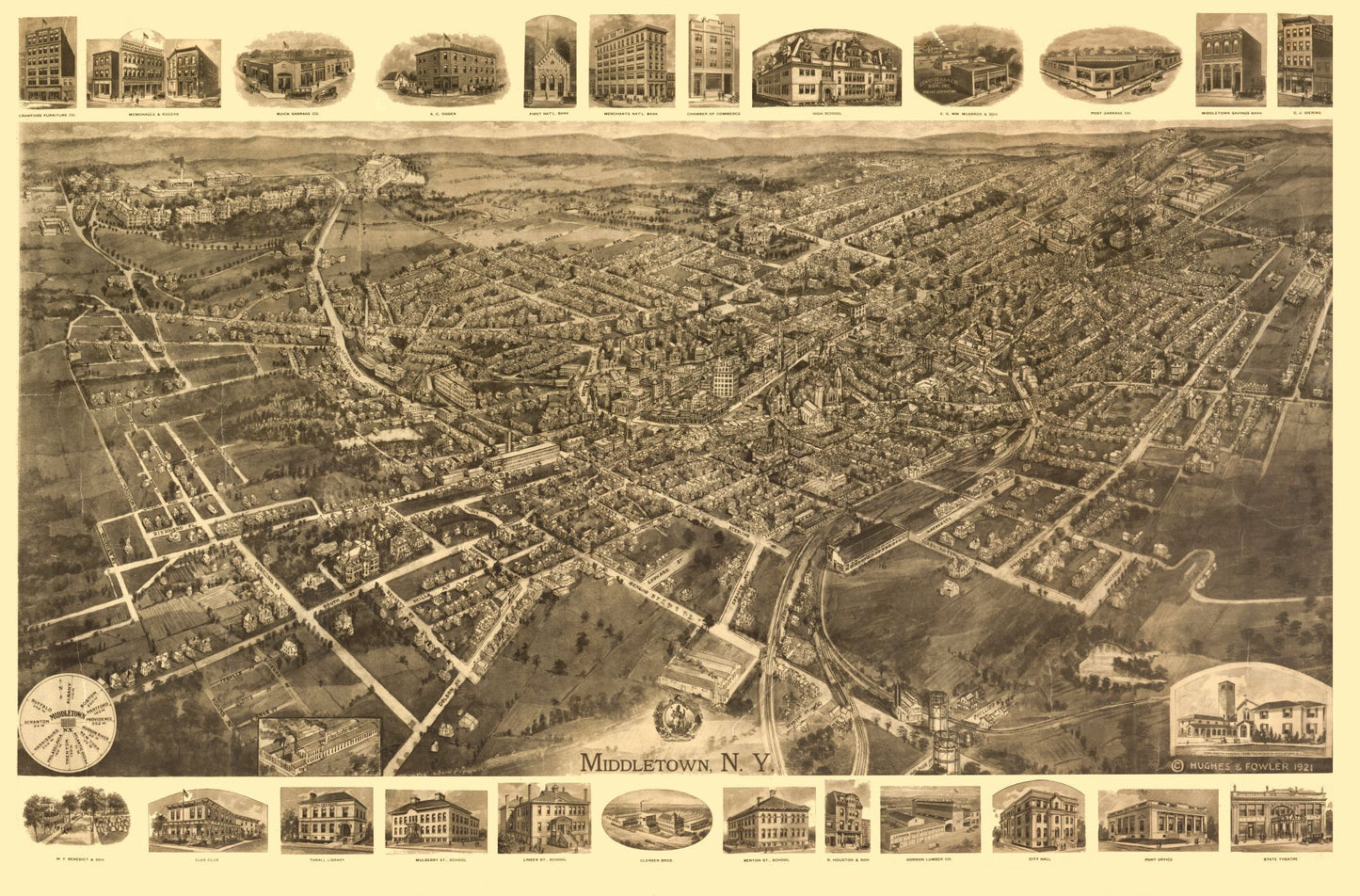 Historic Panoramic View - Middletown New York - Fowler 1921 - 34.91 x 23 - Vintage Wall Art