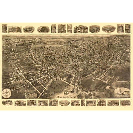 Historic Panoramic View - Middletown New York - Fowler 1921 - 34.91 x 23 - Vintage Wall Art