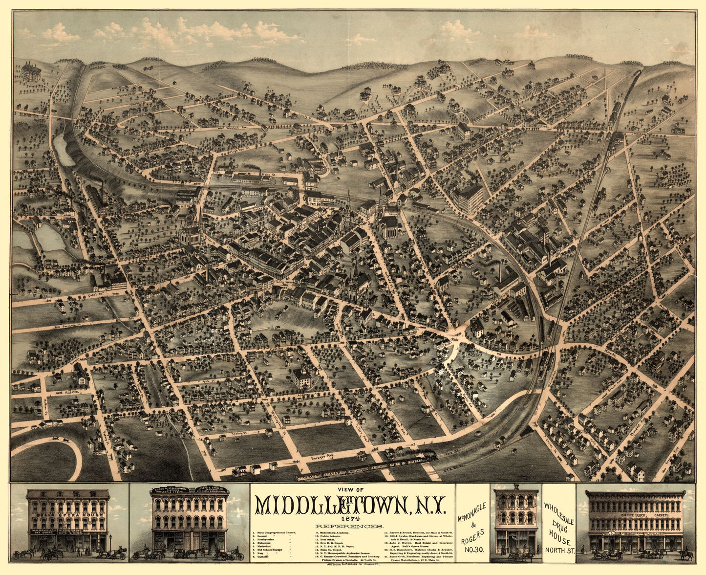 Historic Panoramic View - Middletown New York - Rogers 1874 - 28.27 x 23 - Vintage Wall Art