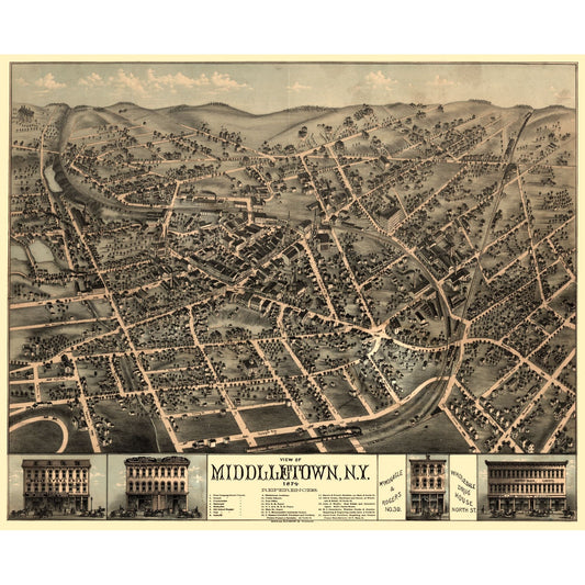 Historic Panoramic View - Middletown New York - Rogers 1874 - 28.27 x 23 - Vintage Wall Art