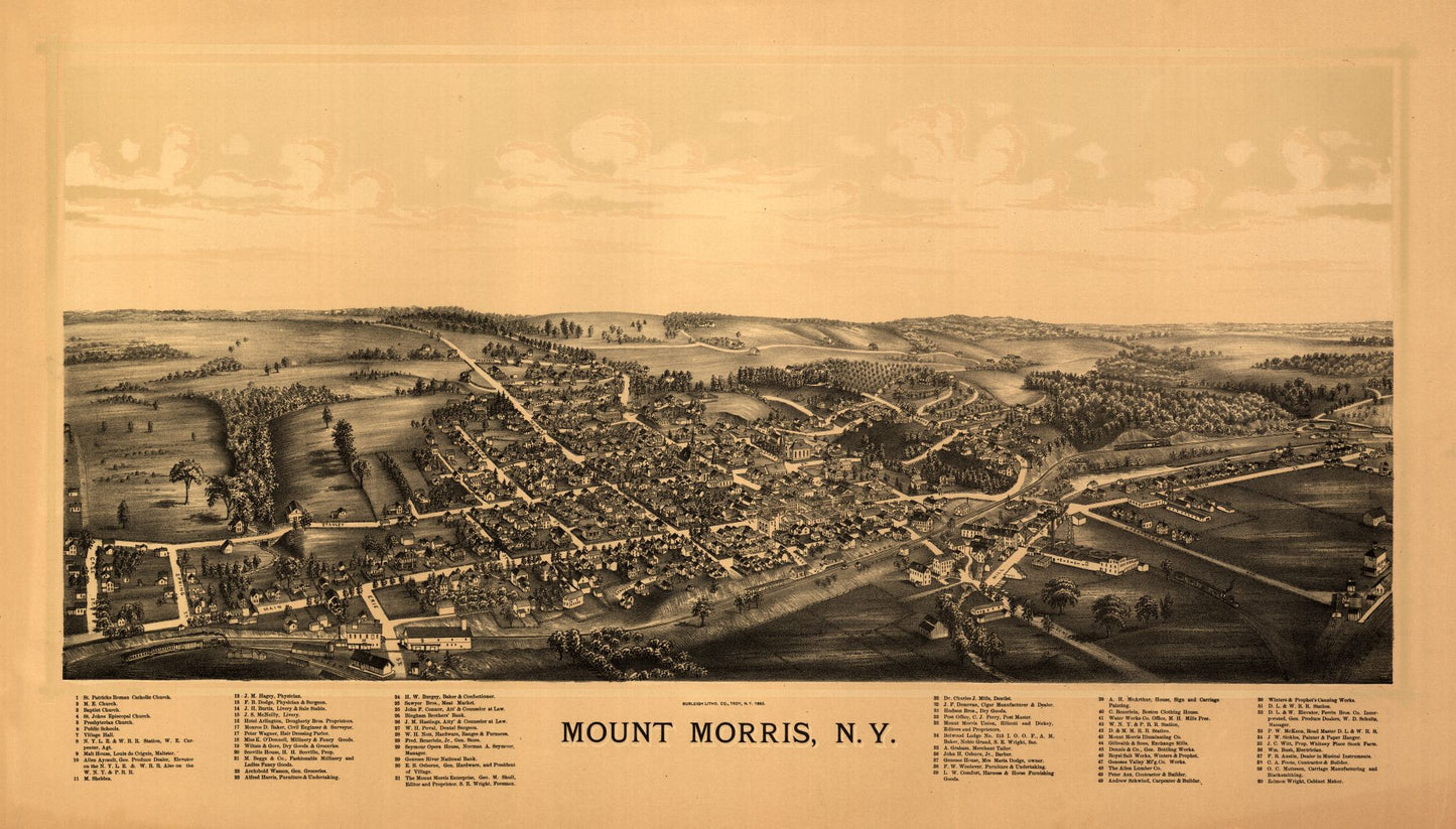 Historic Panoramic View - Mount Morris New York - Burleigh 1893 - 40.40 x 23 - Vintage Wall Art