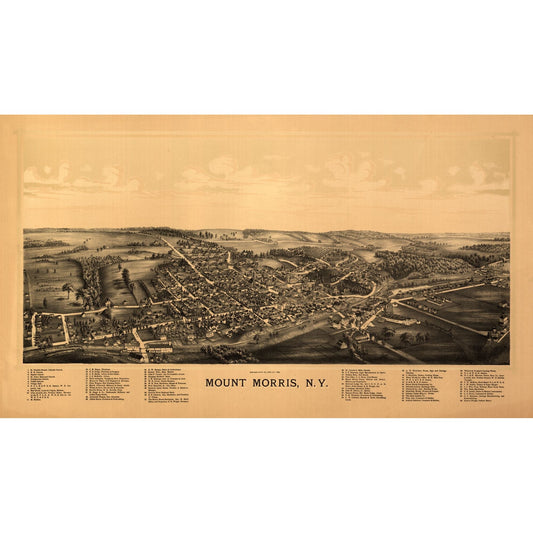 Historic Panoramic View - Mount Morris New York - Burleigh 1893 - 40.40 x 23 - Vintage Wall Art