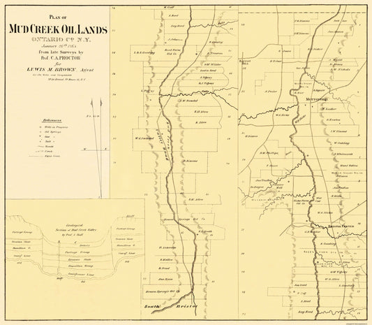 Historic Mine Map - Mud Creek Oil Lands Ontario County New York - Proctor 1865 - 26 x 23 - Vintage Wall Art