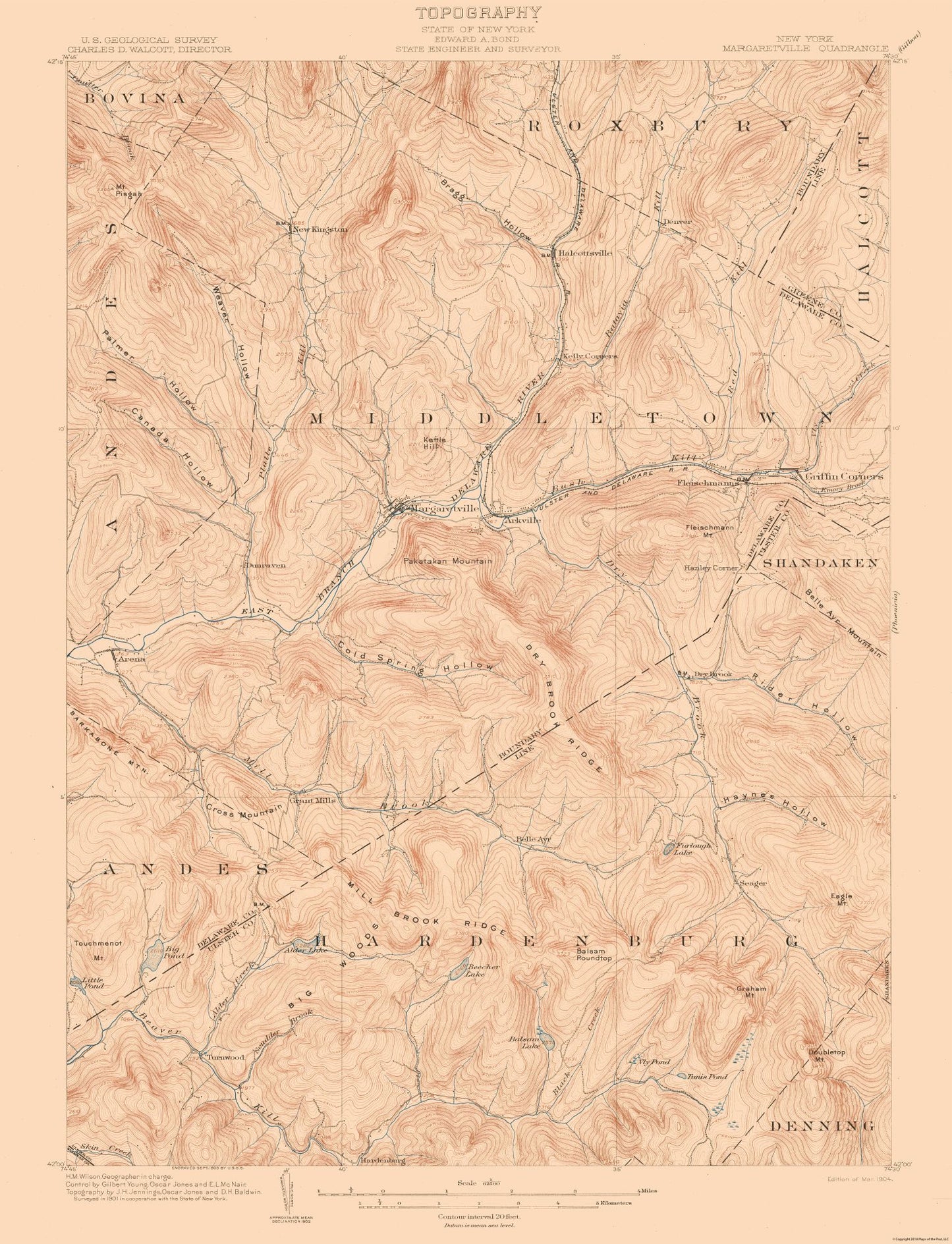 Topographical Map - Margaretville New York Quad - USGS 1904 - 23 x 30.06 - Vintage Wall Art