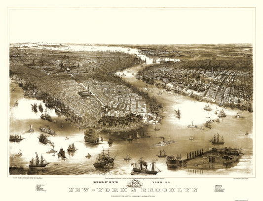 Historic Panoramic View - New York Brooklyn New York - Guerber 1851 - 30 x 23 - Vintage Wall Art