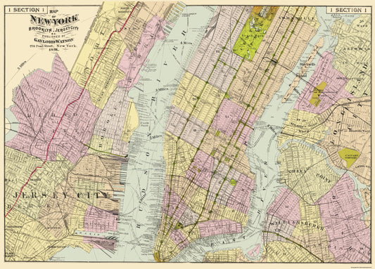 Historic City Map - Brooklyn Jersey City New York - Watson 1891 - 32 x 23 - Vintage Wall Art