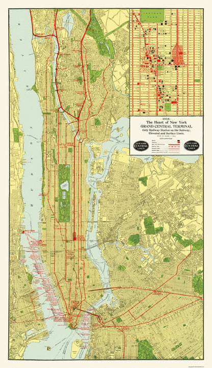 Railroad Map - Grand Central Terminal - 1918 - 23 x 39.94 - Vintage Wall Art