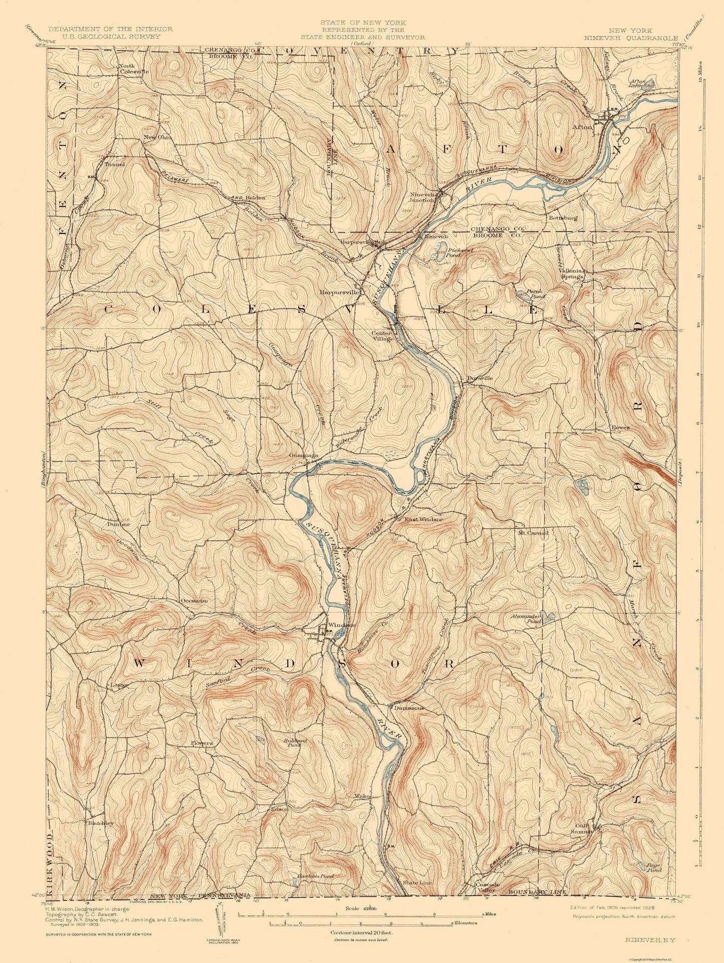 Topographical Map - Neneveh New York Quad - USGS 1905 - 23 x 30.58 - Vintage Wall Art