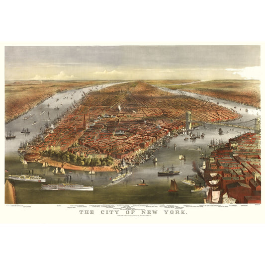Historic Panoramic View - New York - Ives 1870 - 33.48 x 23 - Vintage Wall Art