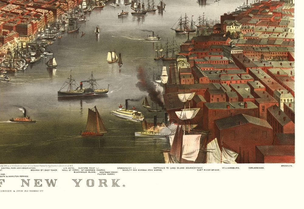 Historic Panoramic View - New York - Ives 1870 - 33.48 x 23 - Vintage Wall Art