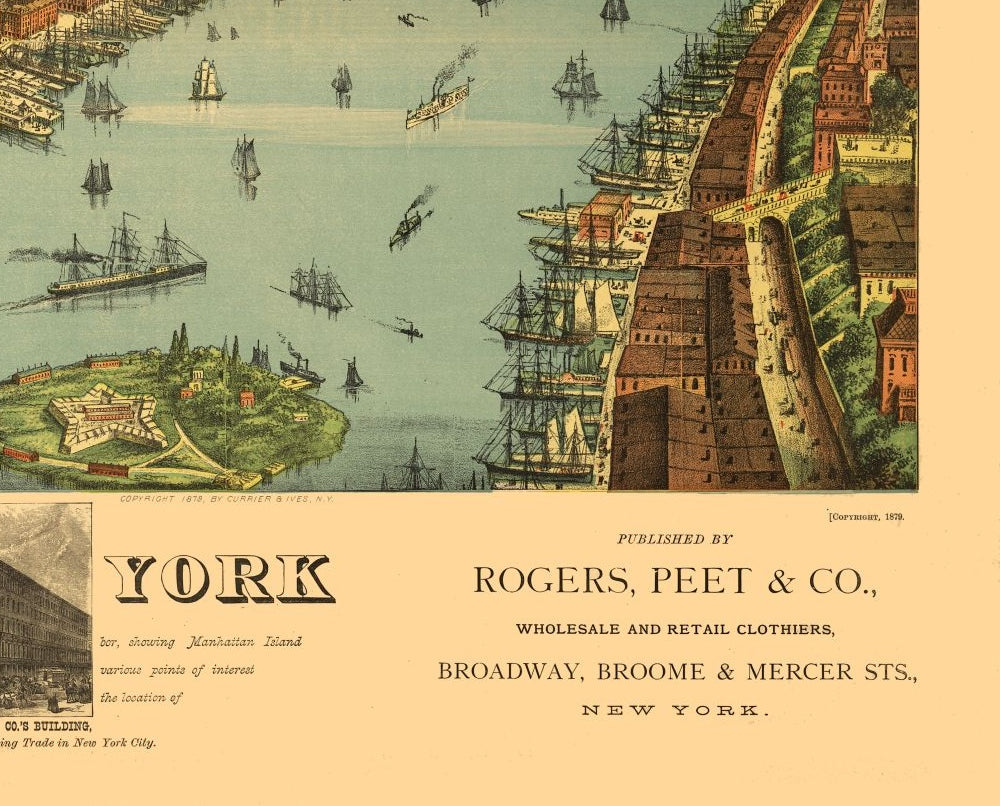 Historic Panoramic View - New York - Ives 1879 - 28.51 x 23 - Vintage Wall Art