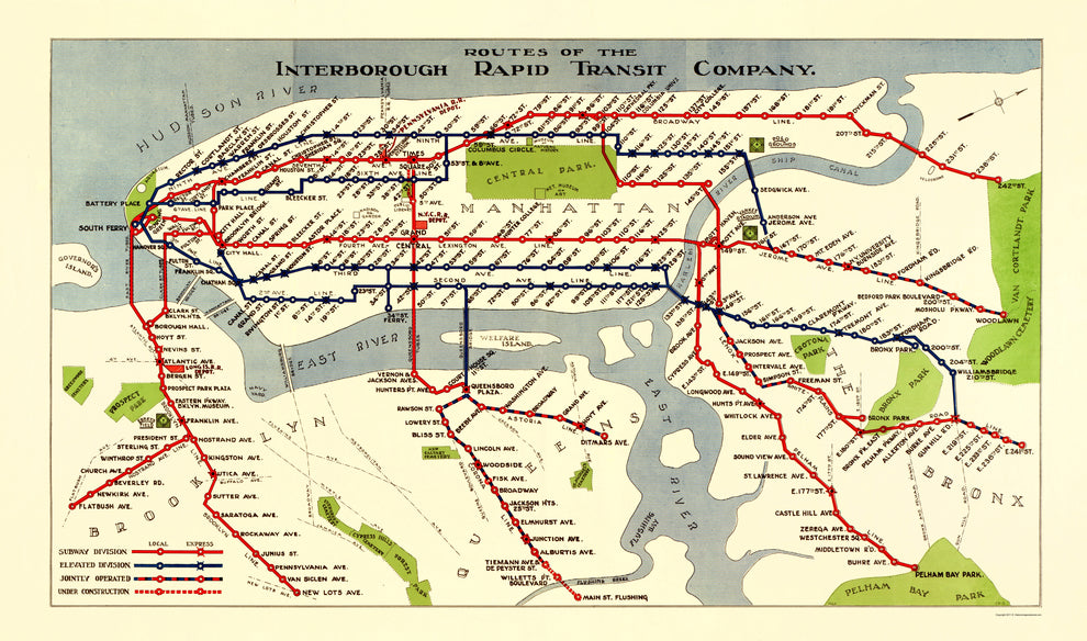 Railroad Map - New York City IRT Routes - 1924 - Vintage Wall Art ...