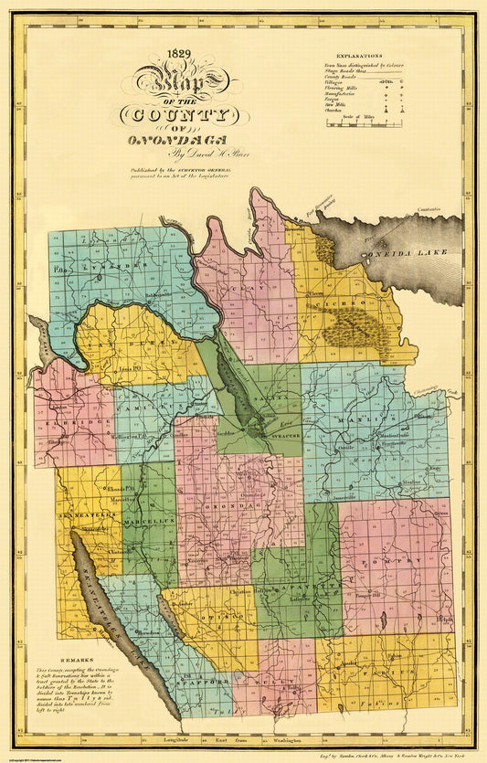 Historic County Map - Onondaga County New York - Burr 1829 - 23 x 36.06 - Vintage Wall Art