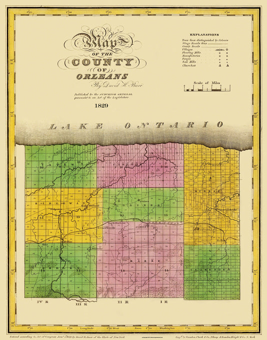 Historic County Map - Orleans County New York - Burr 1829 - 23 x 29.31 - Vintage Wall Art