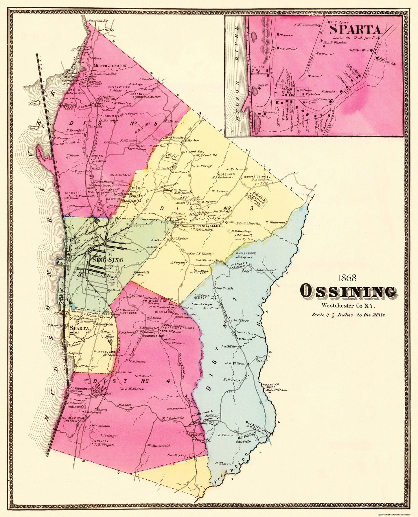 Historic City Map - Ossining Sparta New York - Beers 1868 - 23 x 28.44 - Vintage Wall Art