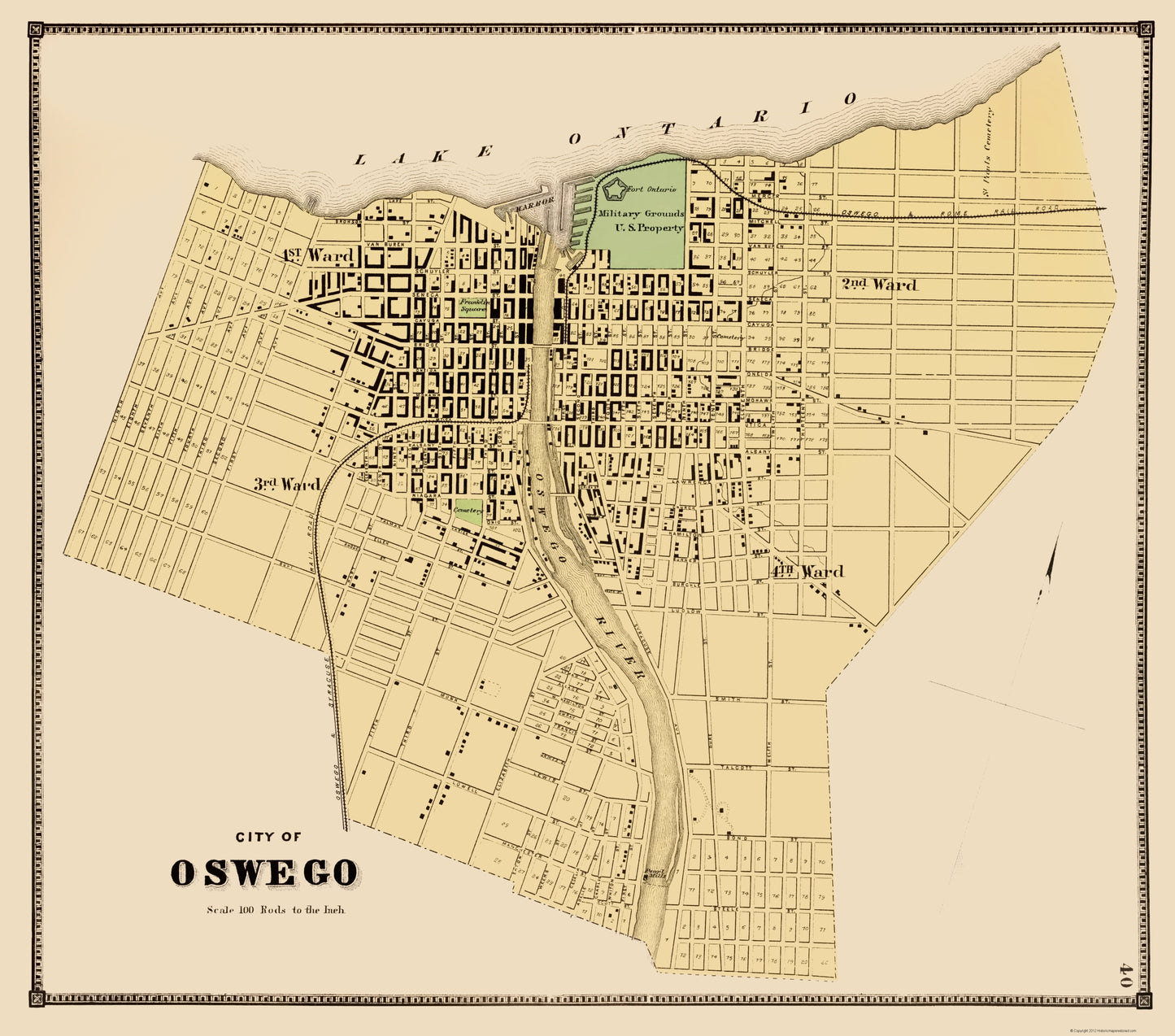 Historic City Map - Oswego New York Plat - Stone 1866 - 23 x 26.09 - Vintage Wall Art