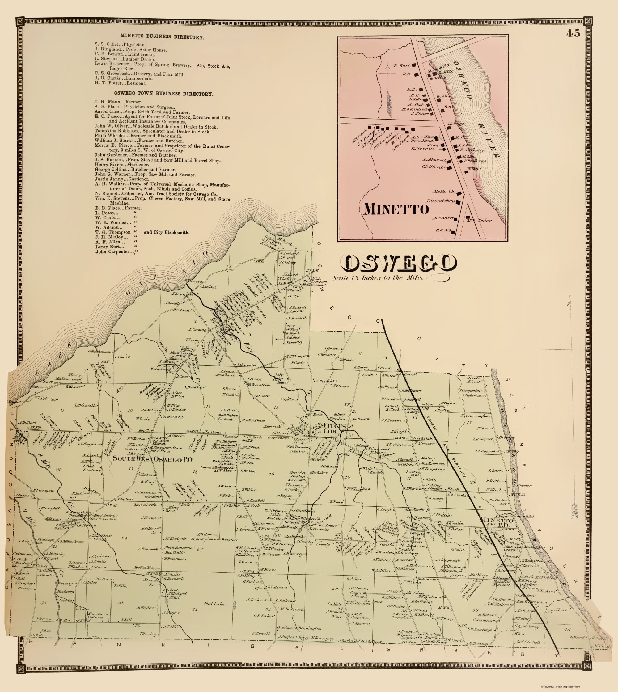 Historic City Map - Oswego Minetto New York - Stone 1866 - 23 x 25.76 ...