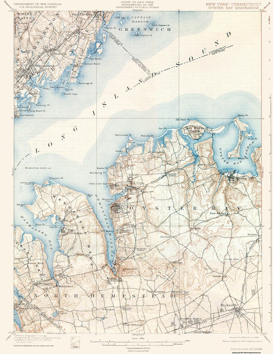 Topographical Map - Oyster Bay New York Conneticut Quad - USGS 1900 - 23 x 29.83 - Vintage Wall Art