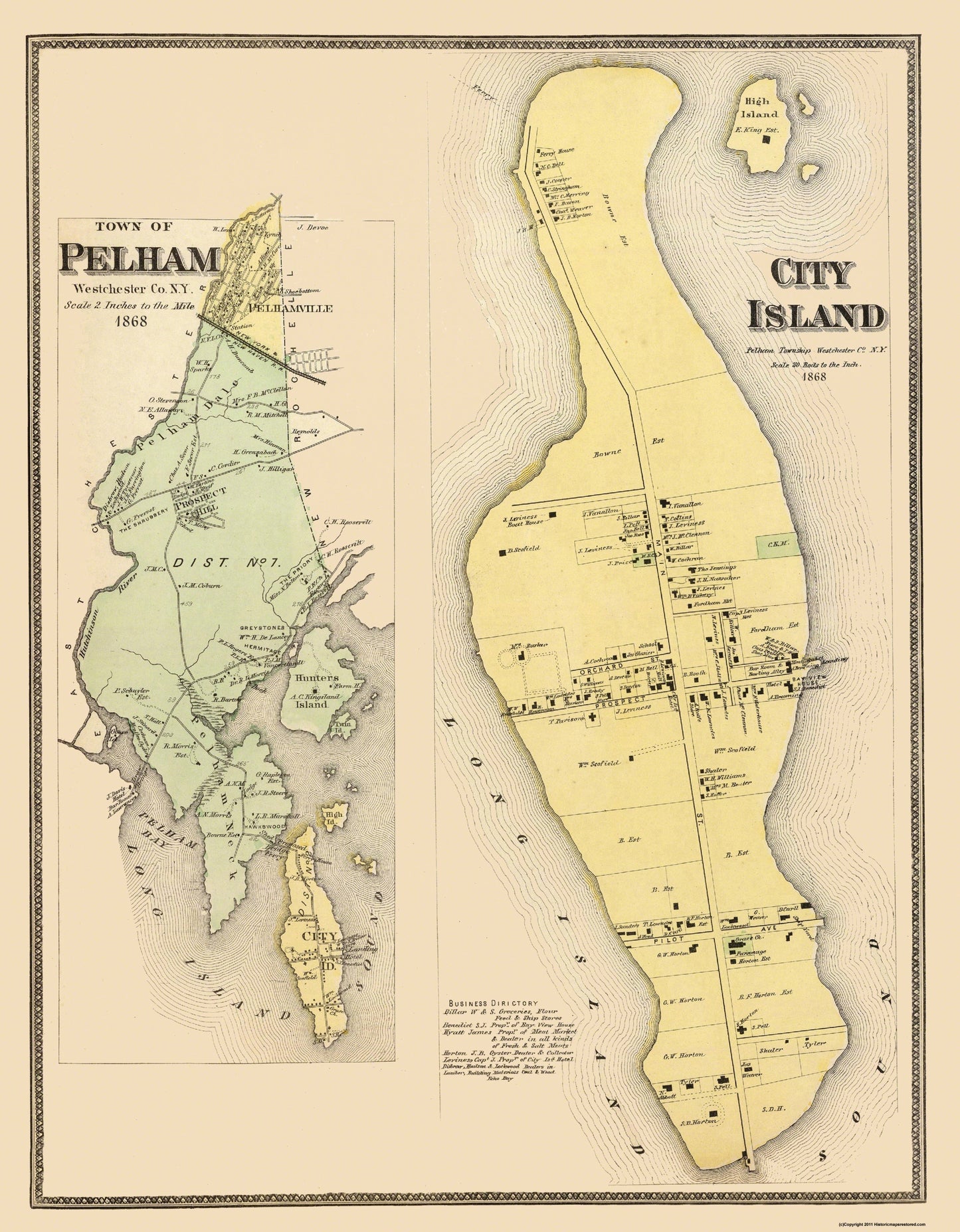 Historic City Map - Pelham City Island New York - Beers 1868 - 23 x 29.5 - Vintage Wall Art