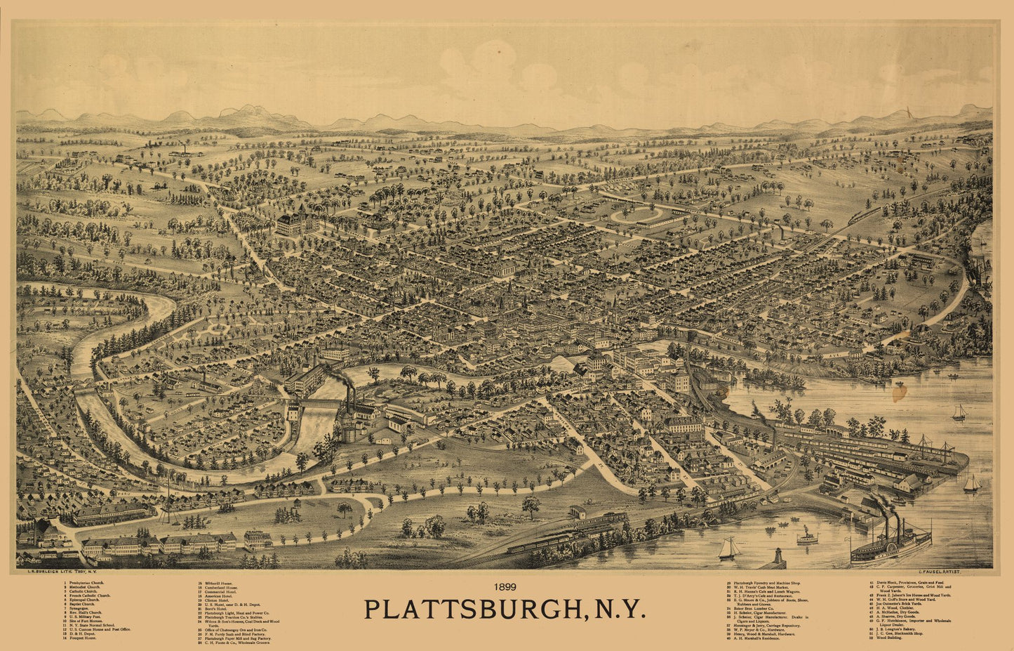 Historic Panoramic View - Plattsburgh New York - Burleigh 1899 - 35.85 x 23 - Vintage Wall Art