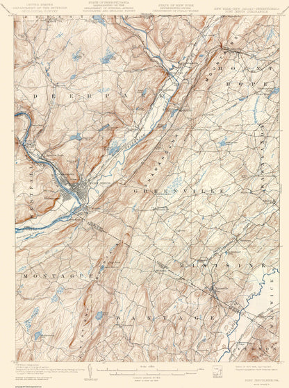 Topographical Map - Port Jervis New York New Jersey Pennsylvania Quad - USGS 1908 - 23 x 30 - Vintage Wall Art