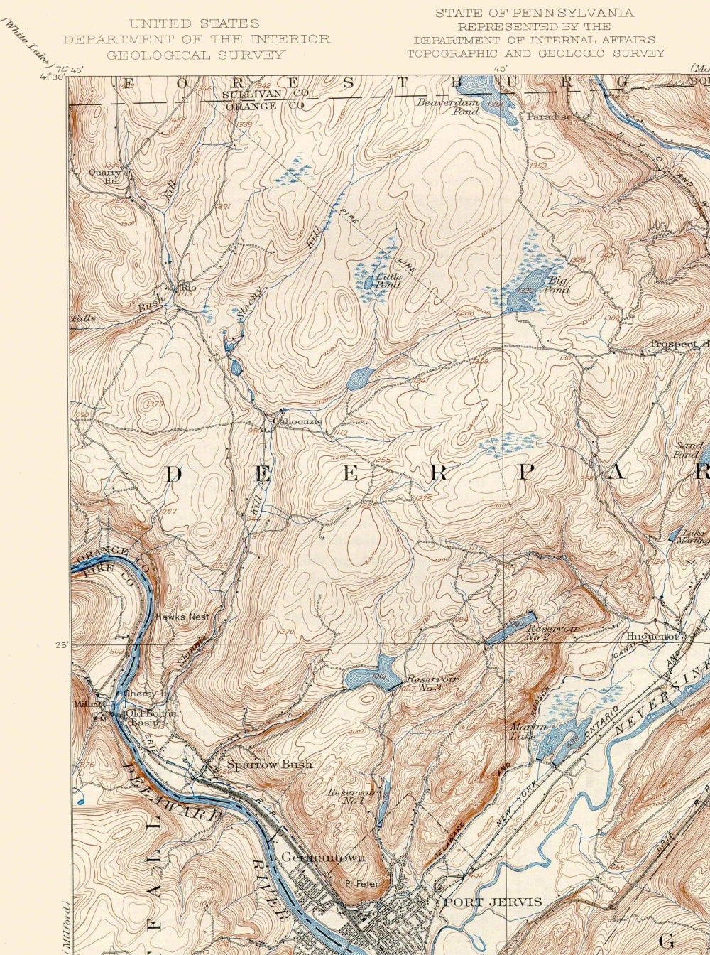 Topographical Map - Port Jervis New York New Jersey Pennsylvania Quad - USGS 1908 - 23 x 30 - Vintage Wall Art