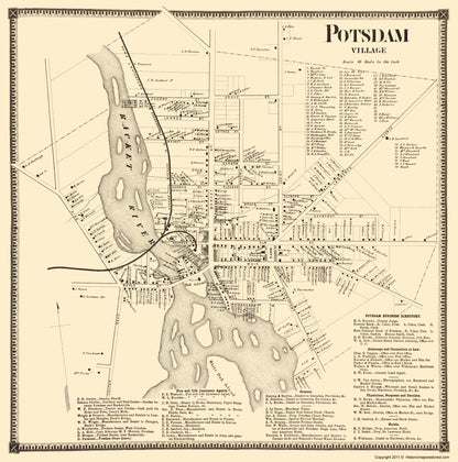 Historic City Map - Potsdam Village New York - Stone 1865 - 23 x 23.22 - Vintage Wall Art