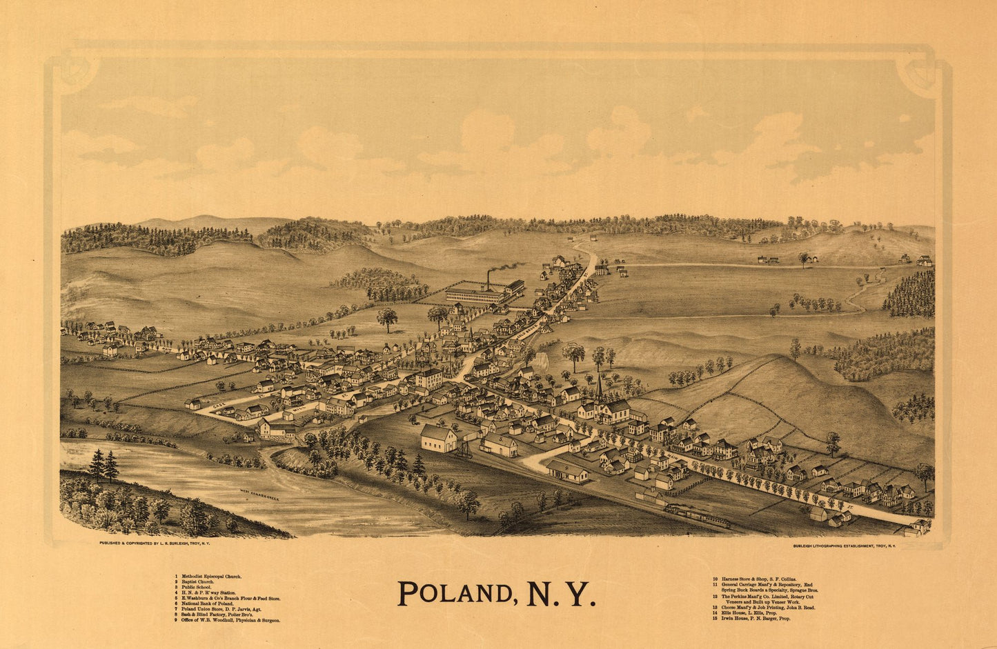 Historic Panoramic View - Poland New York - Burleigh 1890 - 35.32 x 23 - Vintage Wall Art