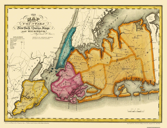 Historic County Map - New York Queens Kings Richmond Counties New York - Burr 1829 - 30 x 23 - Vintage Wall Art