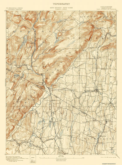 Topographical Map - Ramapo New York New Jersey Quad - USGS 1893 - 23 x 31.16 - Vintage Wall Art