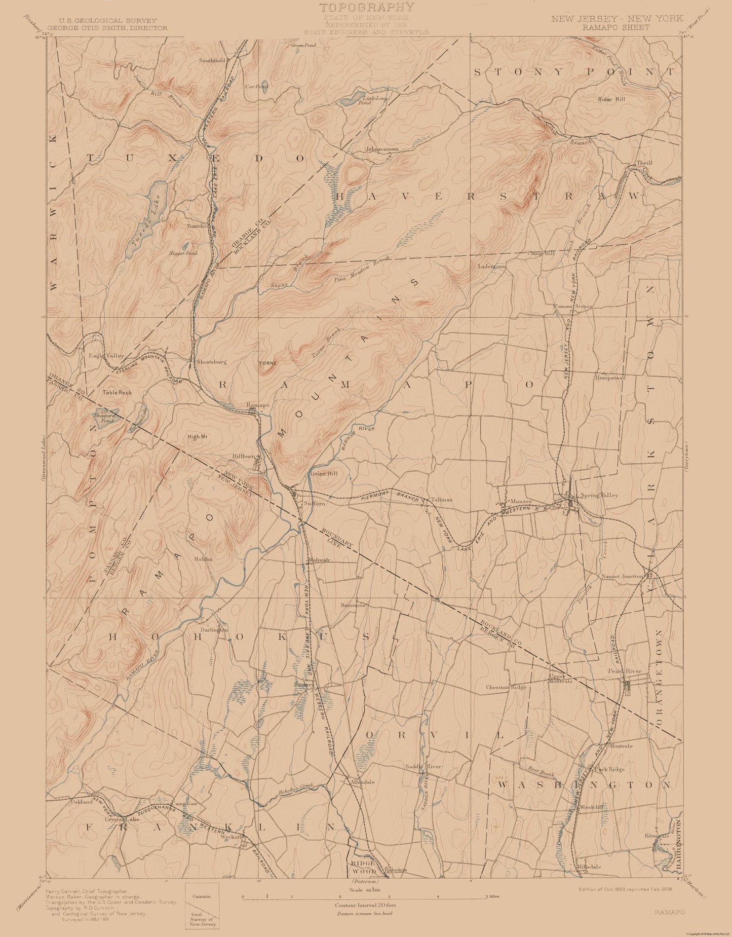 Topographical Map - Ramapo New York Sheet - USGS 1893 - 23 x 29.43 - Vintage Wall Art