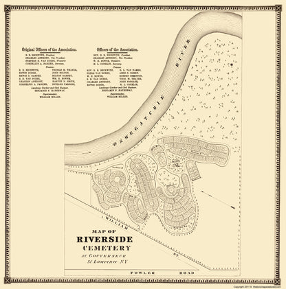 Historic City Map - Gouverneur New York Riverside Cemetery - Stone 1865 - 23 x 23.29 - Vintage Wall Art