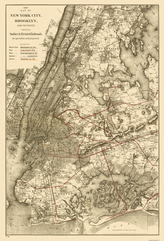 Railroad Map - New York City Brooklyn Elevated Railroad - Colton 1885 - 23 x 33 - Vintage Wall Art