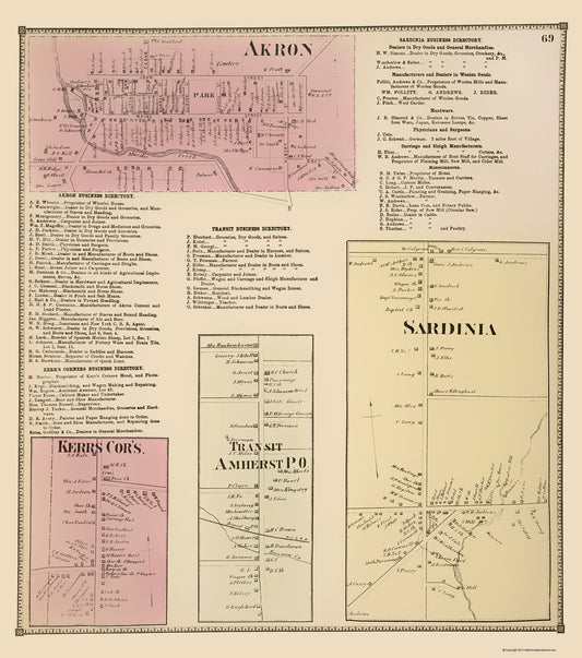 Historic City Map - Akron Kerrs Transit Sardinia New York - Stone 1866 - 23 x 26 - Vintage Wall Art
