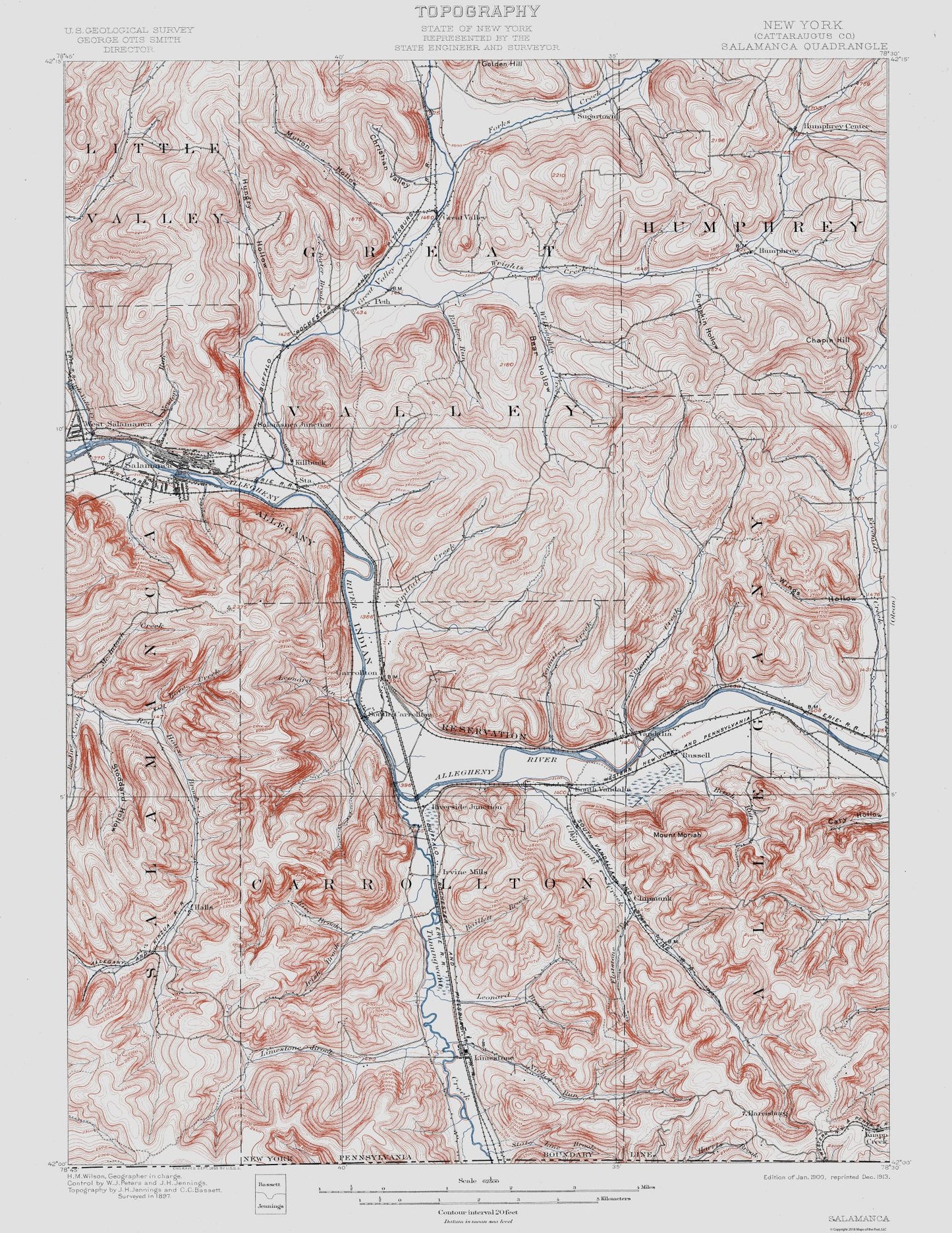 Topographical Map - Salamanca New York Quad - USGS 1900 - 23 x 29.77 - Vintage Wall Art