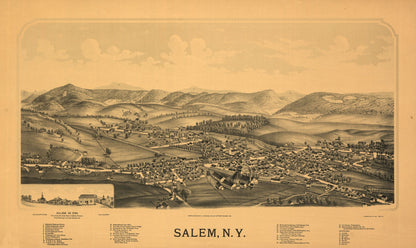 Historic Panoramic View - Salem New York - Burleigh 1889 - 38.53 x 23 - Vintage Wall Art