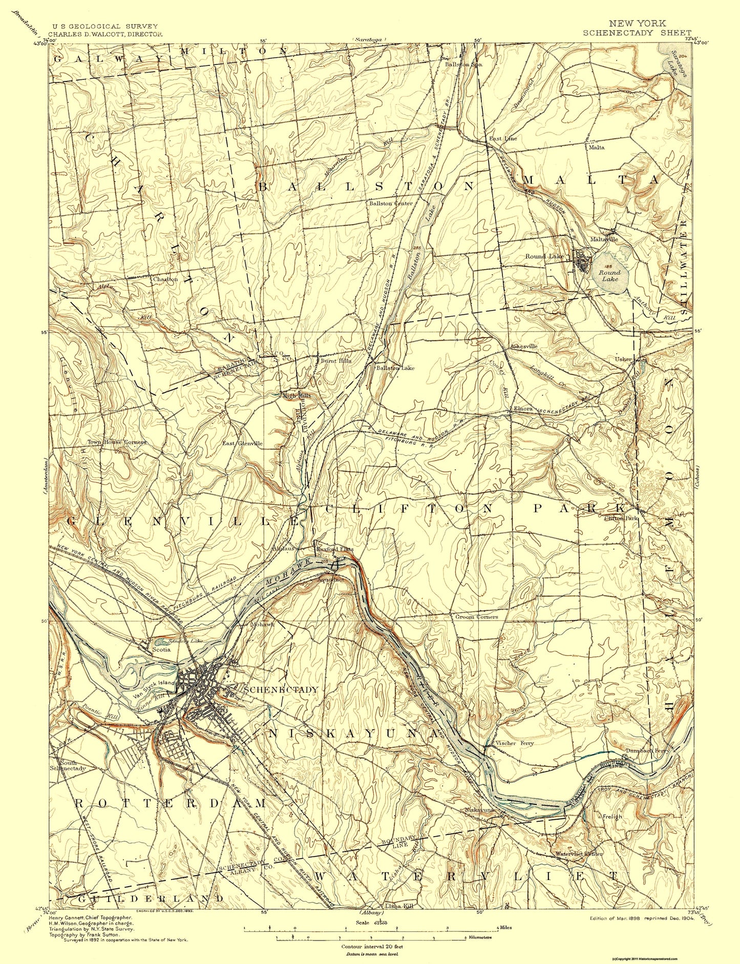 Topographical Map - Schenectady New York Quad - USGS 1898 - 23 x 30.00 - Vintage Wall Art