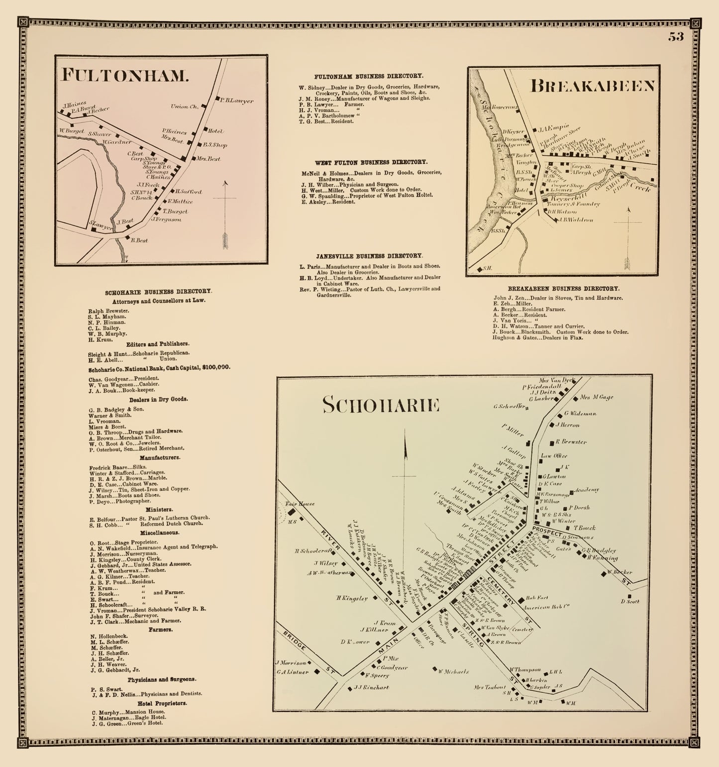 Historic City Map - Schoharie Breakabeen Fultonham New York Beers 1866 - 23x24 - Vintage Wall Art