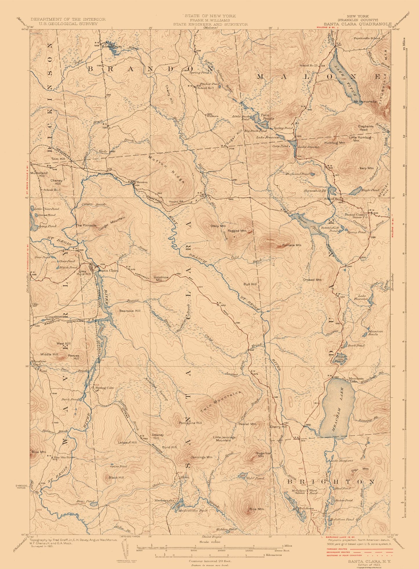 Topographical Map - Santa Clara New York Quad - USGS 1921 - 23 x 31.21 - Vintage Wall Art